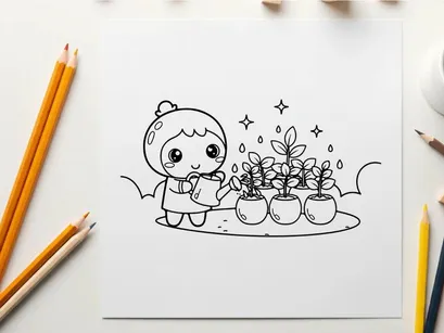 Cute robot watering plants flat design vector illustration