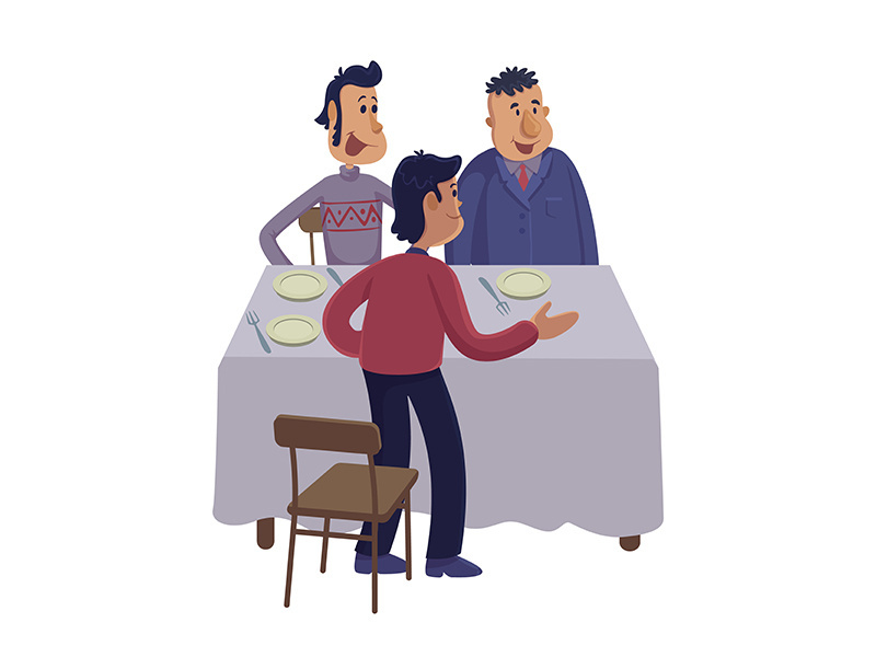 Group of men at table flat cartoon vector illustration