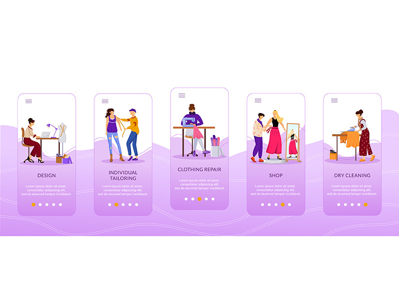 Fashion designers onboarding mobile app screen flat vector template