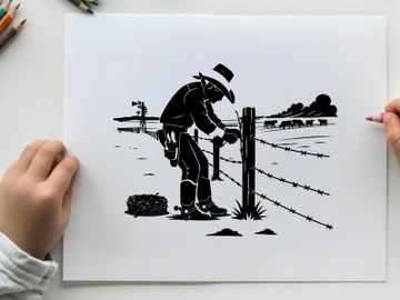 Man in silhouette repairing a fence in a rural landscape preview picture