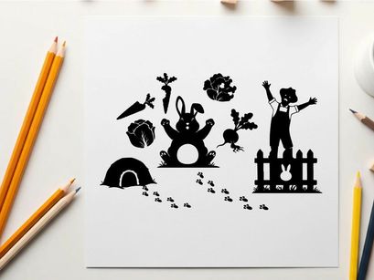 Silhouette of rabbit and scarecrow in garden scene