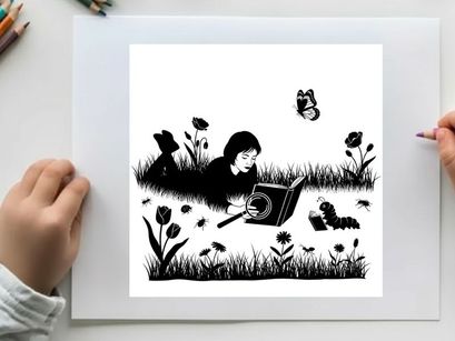 Silhouette of a girl reading a book in a field with a butterfly