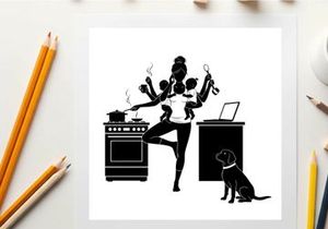 Silhouette of a multitasking woman with dog and kitchen office