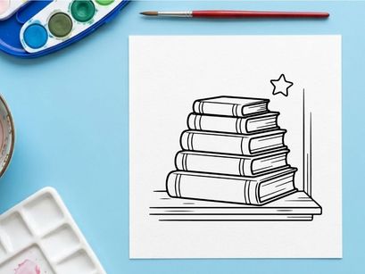 Pila de libros en un estante con un icono de estrella, ilustración navideña dibujada a mano.