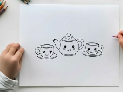 Cute teapot and cups set smiling vector illustration flat design