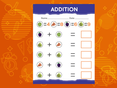 Addition with different fruits for kids. An educational worksheet for kids. Vector design