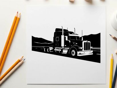 Silhouette of a semi truck driving on a road with mountains