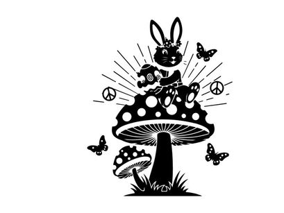 Peaceful silhouette of bunny on mushroom with butterflies