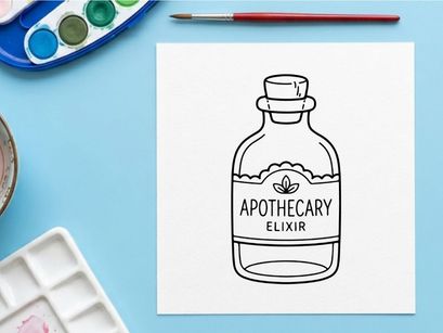 Apothecary elixir bottle with vintage label design. Hand-drawn herbal remedy container for wellness and natural medicine branding.
