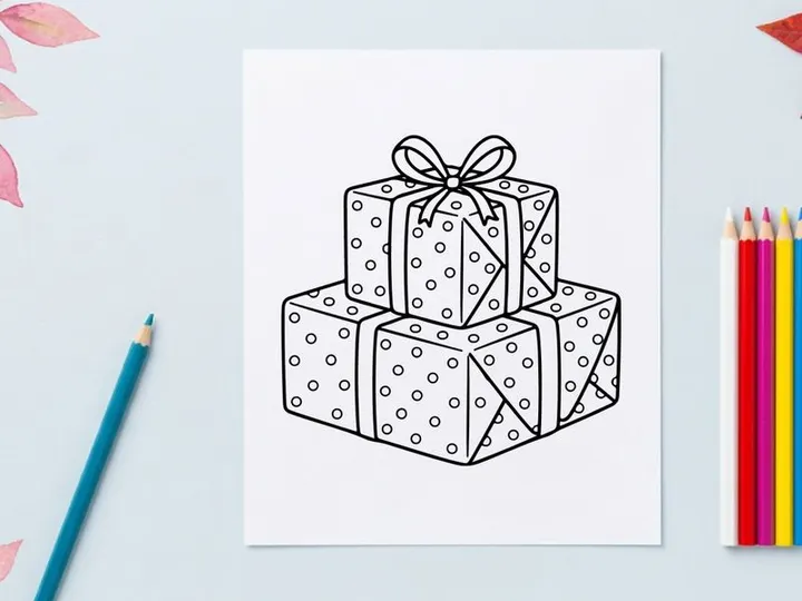Christmas gift boxes with polka dot wrapping paper and ribbon bow line art illustration.