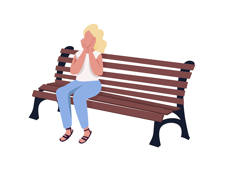 Pleased girl sitting on bench semi flat color vector character