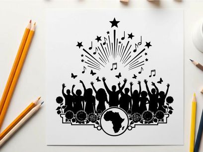 African silhouette of people celebrating with music and stars