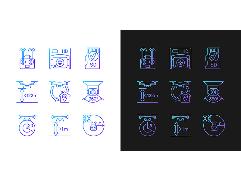 Drone care gradient manual label icons set for dark and light mode