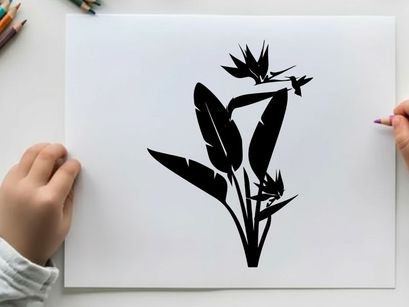 Bird of paradise flower silhouette with hummingbird