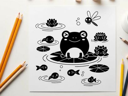 Silhouette of a frog surrounded by water life and lilies silhouette