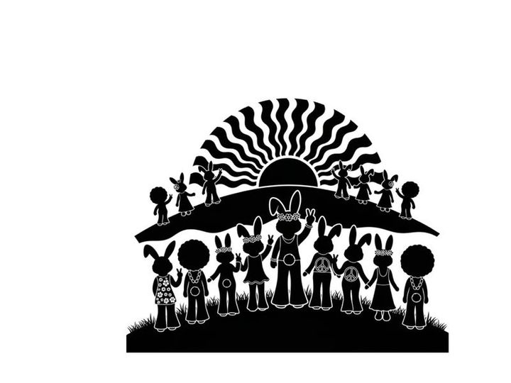Silhouette of rabbits and children at sunset with wavy rays silhouette