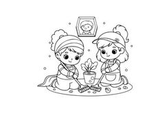 Children planting tree together flat design vector illustration