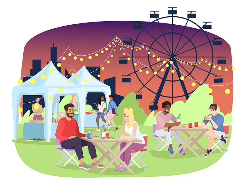 Summer night fair flat vector illustration