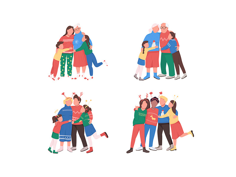 Family on winter holidays flat color vector faceless character set