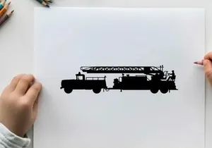 Silhouette of a large fire truck with ladder
