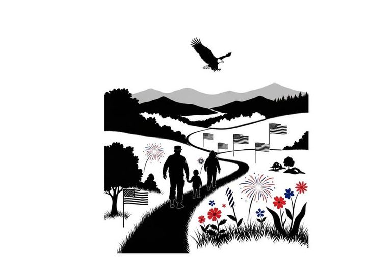Patriotic family stroll with eagle silhouette in mountainous landscape