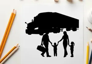 Family silhouette with parents and children under a moving truck silhouette