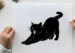 Black cat silhouette in aggressive stance with open mouth and sharp teeth
