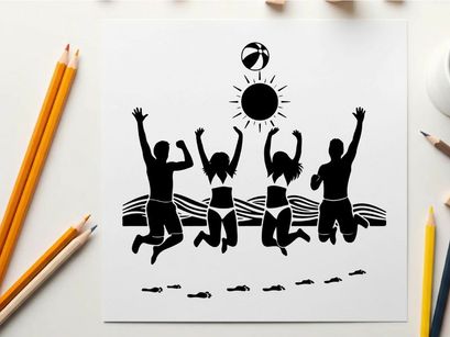 Silhouette of joyful people celebrating under sunny sky silhouette