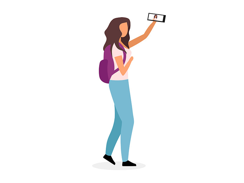 Stylish school girl taking selfie flat vector illustration