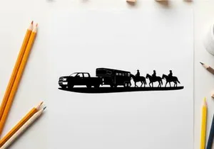 Silhouette of a pickup truck towing a horse trailer with two riders on horseback
