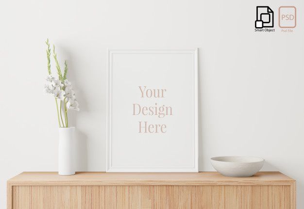 Frame mockup on the wooden cabinet in interior