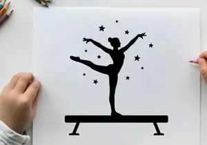 Silhouette of gymnast on balance beam with stars