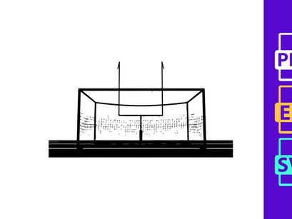 A soccer goal on a green field with white background and netting