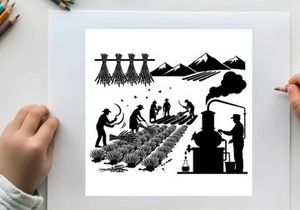 Silhouette of people working in a field with mountains and silhouette