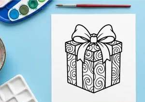 Christmas gift box with swirl pattern and bow, black and white line art illustration.