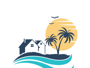 Minimalist icon sunset beach house logo design template preview picture