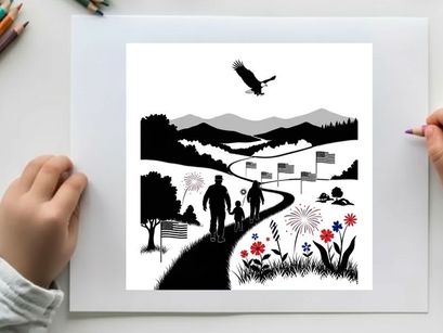 Patriotic family stroll with eagle silhouette in mountainous landscape