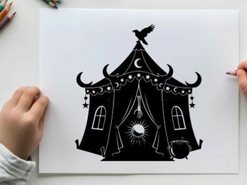 Silhouette of a mystical circus tent under moonlight and stars with a bird preview picture