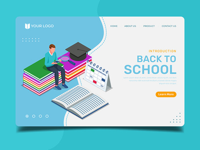 Back to school with student reading book - Landing page illustration template