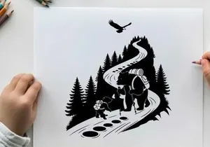 Hikers on a winding road with silhouette of a bird