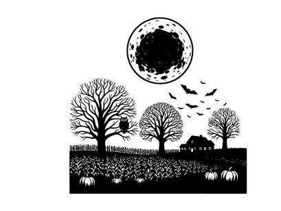 Silhouette of a spooky halloween night with full moon and bats