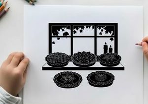 Silhouette of decorative plates on a shelf with a window