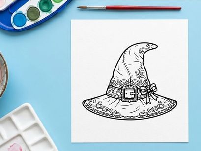 Ilustrasi topi penyihir bergaya tangan untuk proyek desain Halloween. Topi penyihir runcing bergaya vintage dengan detail renda dan pita.
