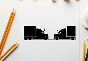 Silhouette of two semi trucks facing each other on a road