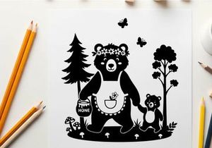Mother bear silhouette with flower crown and apron