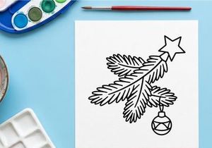 Ilustración de arte lineal de rama de árbol de Navidad con estrella y adorno