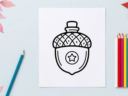 Eichel-Symbol mit Stern. Handgezeichnete Nuss-Illustration für Herbst-Designprojekte.