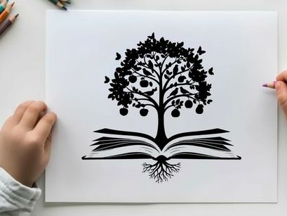 Silhouette of tree growing out of open book with birds