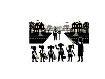 Silhouette of children and teacher crossing the road at night preview picture