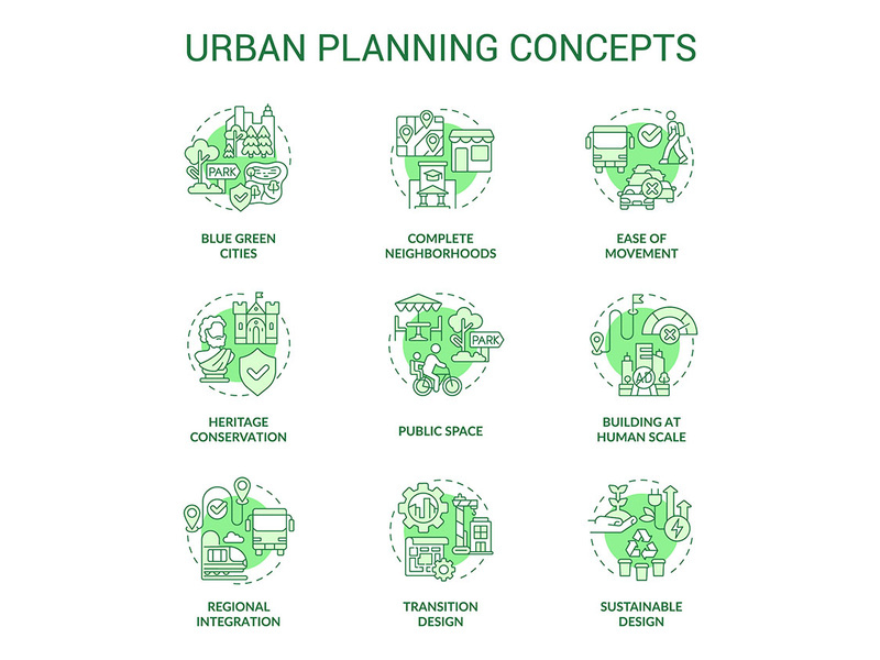 Urban planning green concept icons set